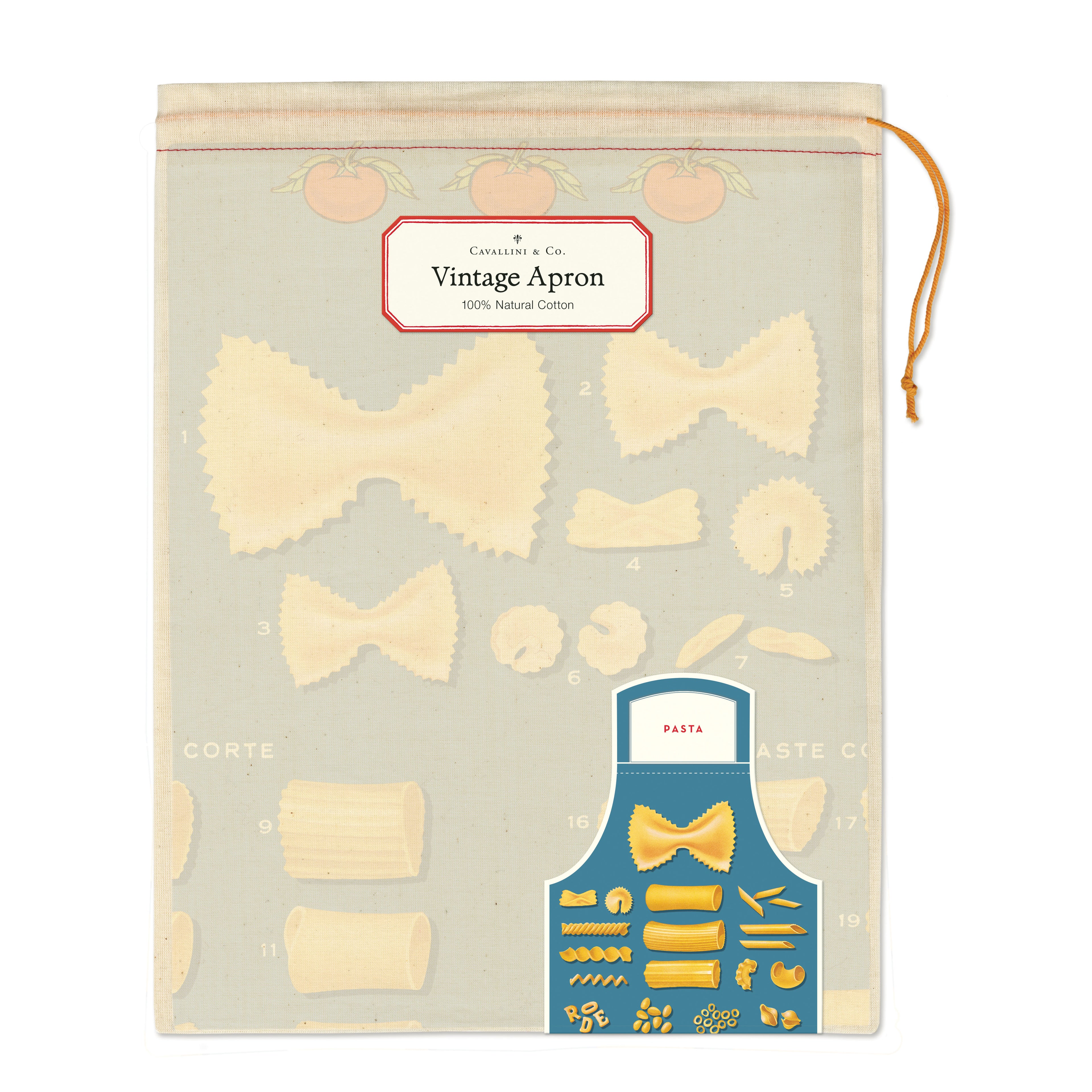 Vintage apron packaging with pasta illustrations on a white background.