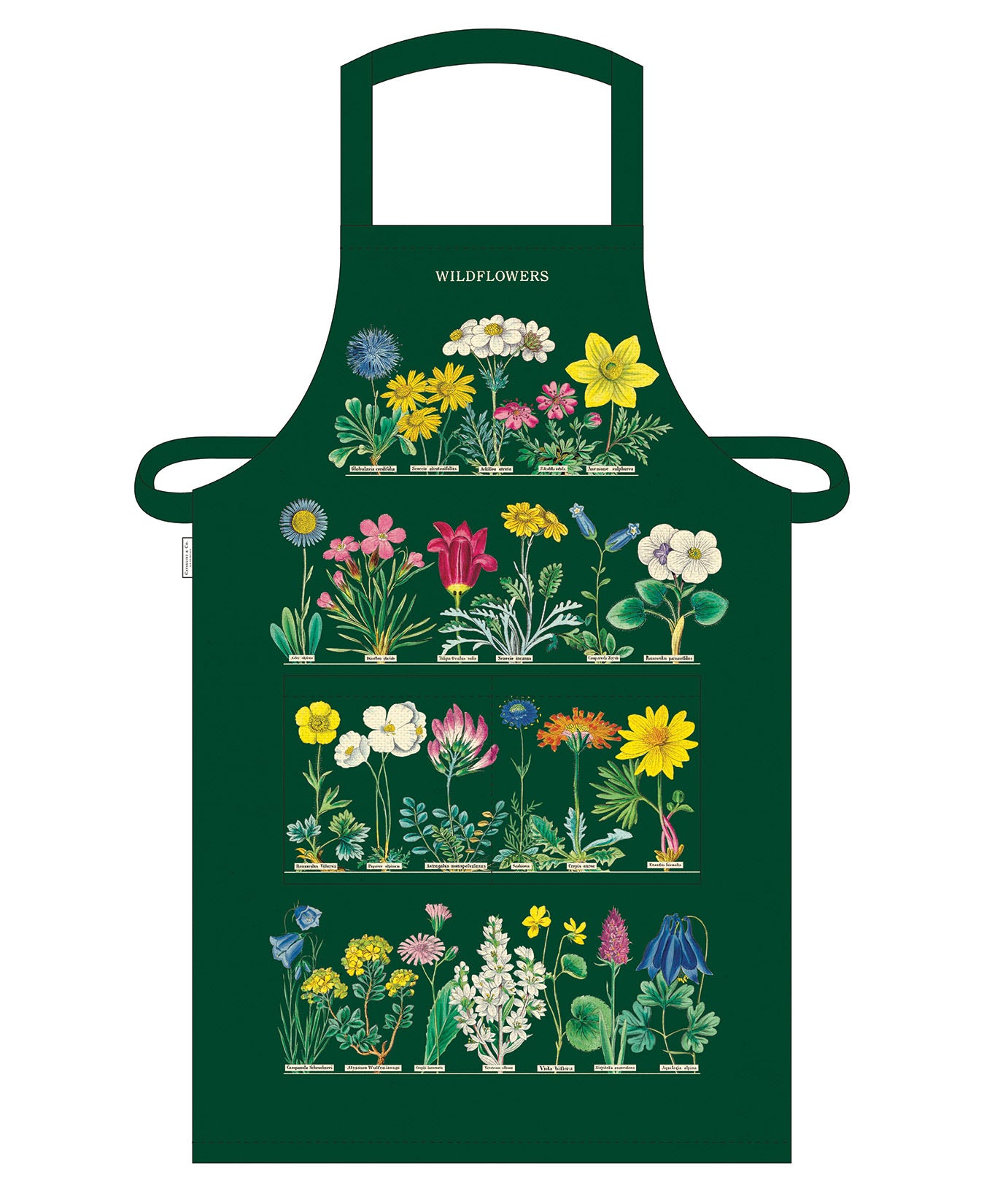Green apron with floral illustrations on a white background.