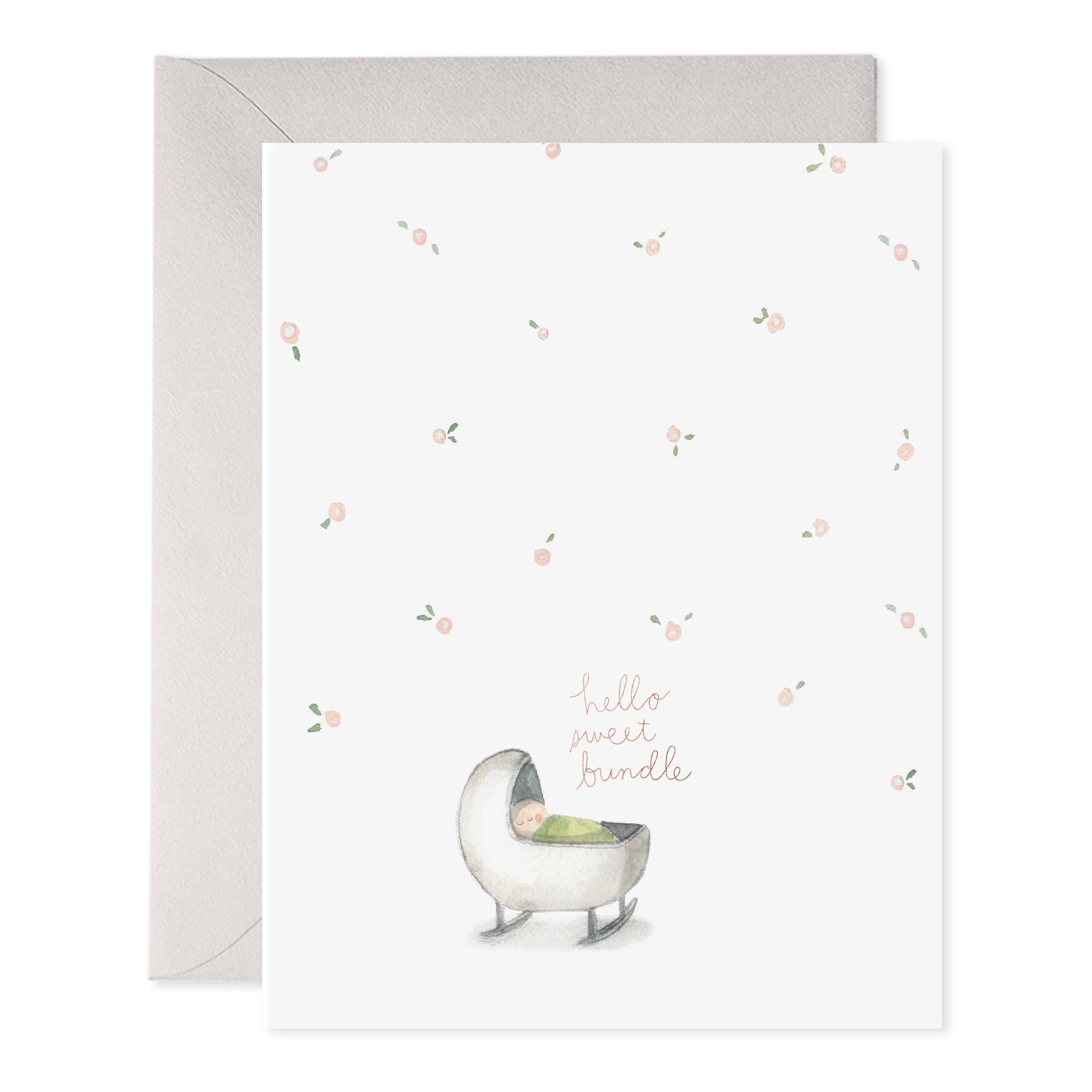 Sweet Bundle card by E.Frances featuring an illustration of pink floral background and a crib with a baby. The card says "Hello Sweet Bundle".