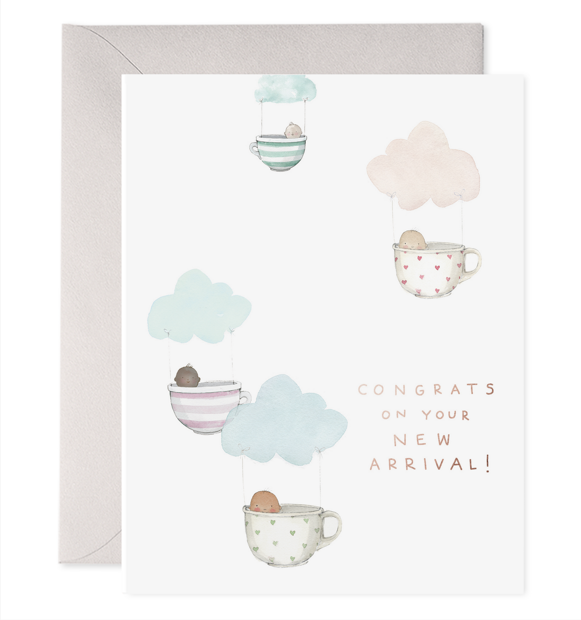 Front of card with illustration of babies in teacups floating from clouds saying "congrats on your new arrival!