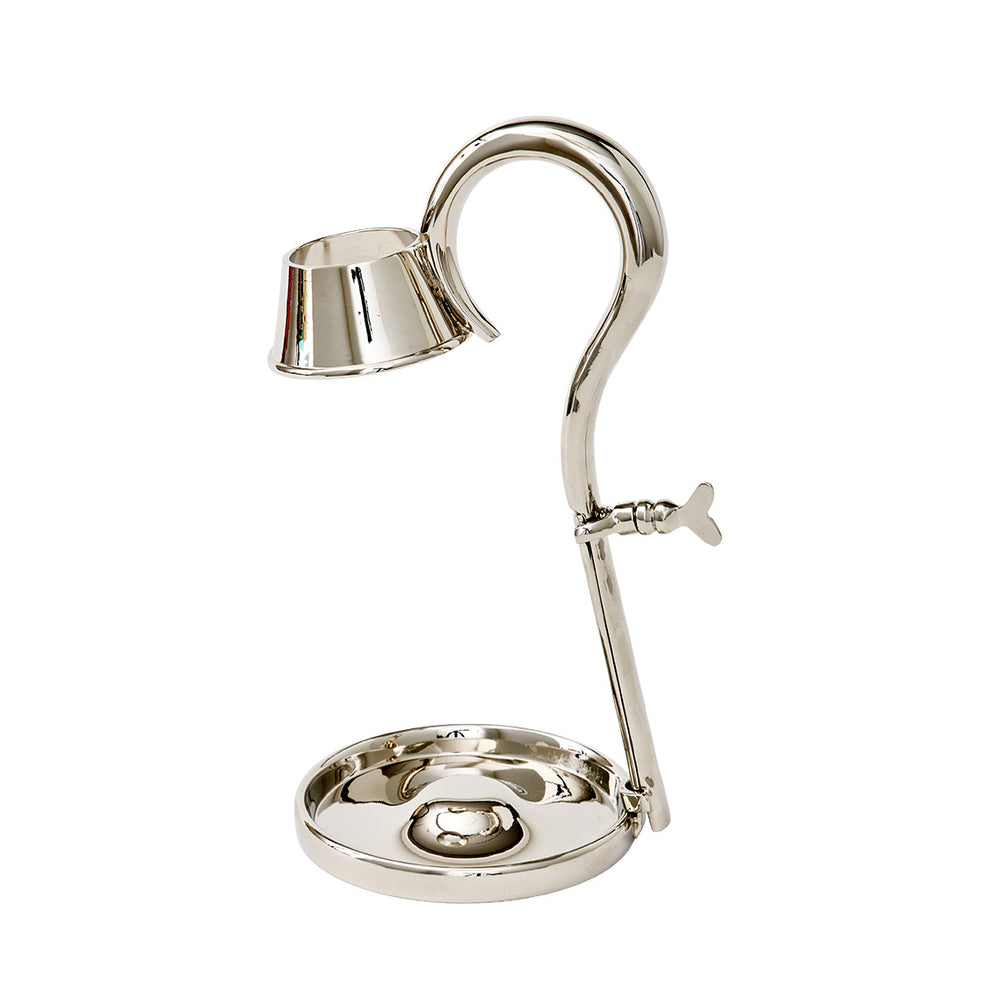 Silver bottle pourer with adjustable arm on a white background.