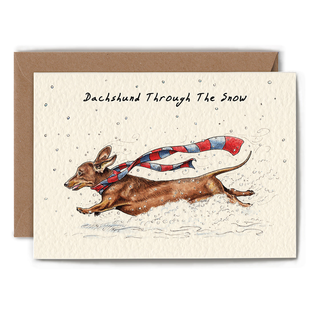 A Dachshund Through the Snow Card, illustrated on a blank greeting card by Hester &amp; Cook stationery.