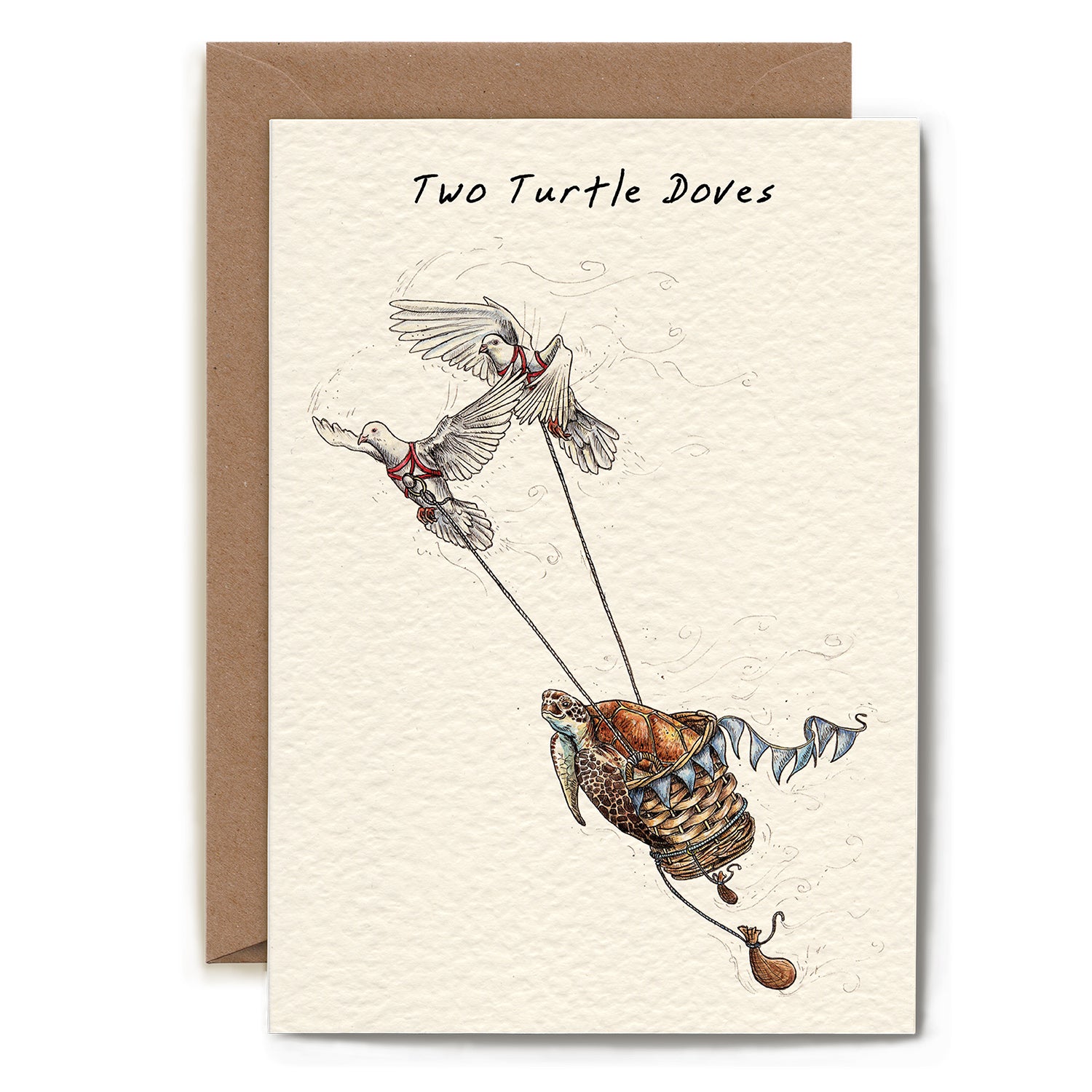 A funny illustration of two white doves in harnesses to carry a sea turtle in a basket through the air, under the caption "Two Turtle Doves".