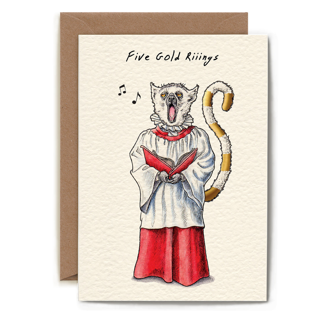 Illustration of a cat dressed in choir attire singing &quot;five gold rings&quot; from the &quot;twelve days of christmas&quot; song, featured on a Five Gold Rings Card by UK based stationery company Hester &amp; Cook.