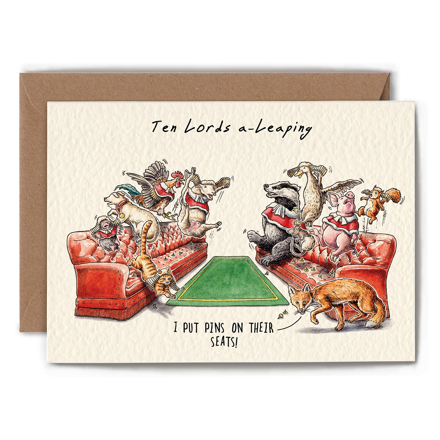 A funny illustration of various animals leaping up from two red sofas, with a fox slinking by saying "I put pins on their seats!", under the caption "Ten Lords a-Leaping".