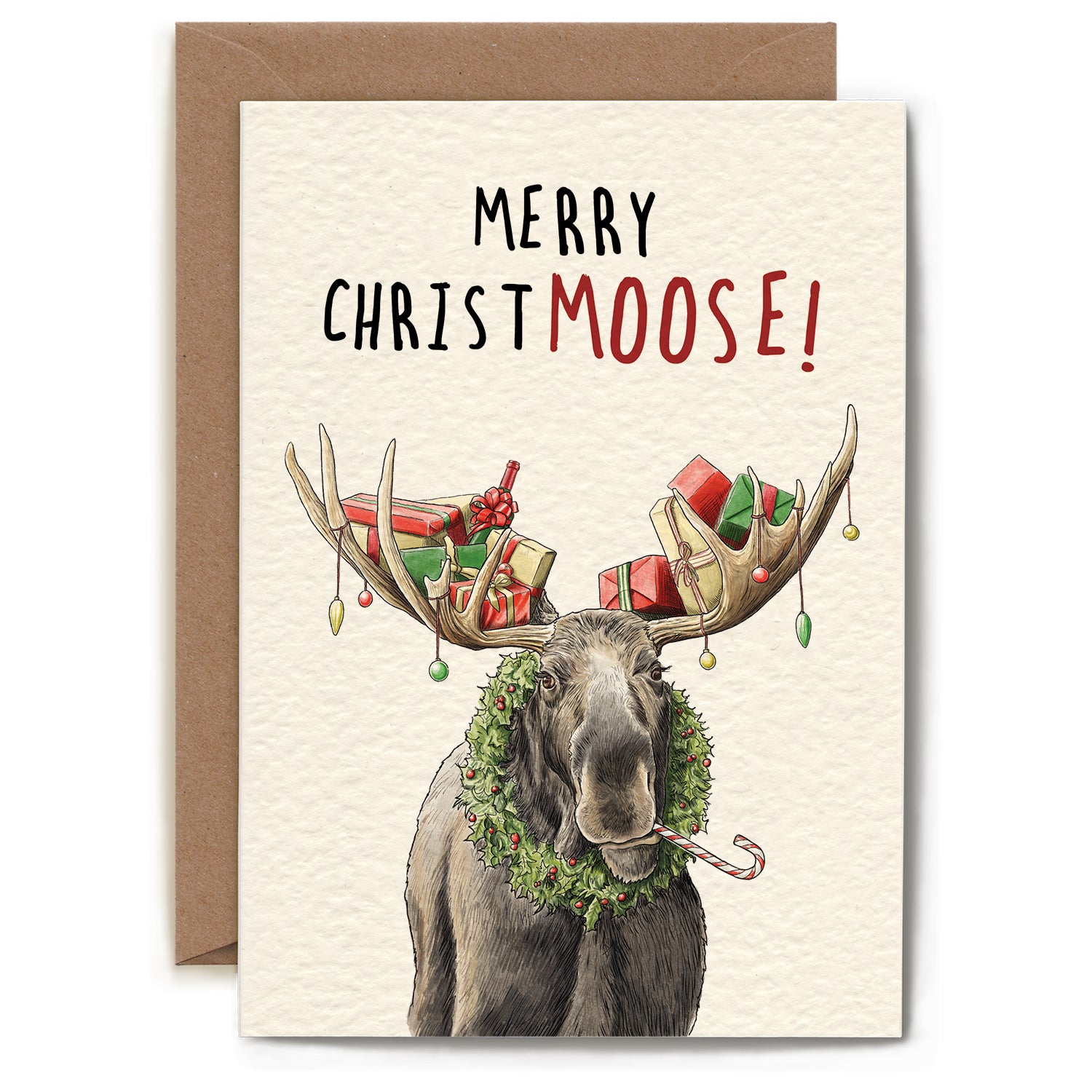 An illustration of a moose with a festive wreath around its neck, a candy cane sticking out its mouth, and Christmas lights and presents adorning its antlers, along with the words "Merry ChristMOOSE!".