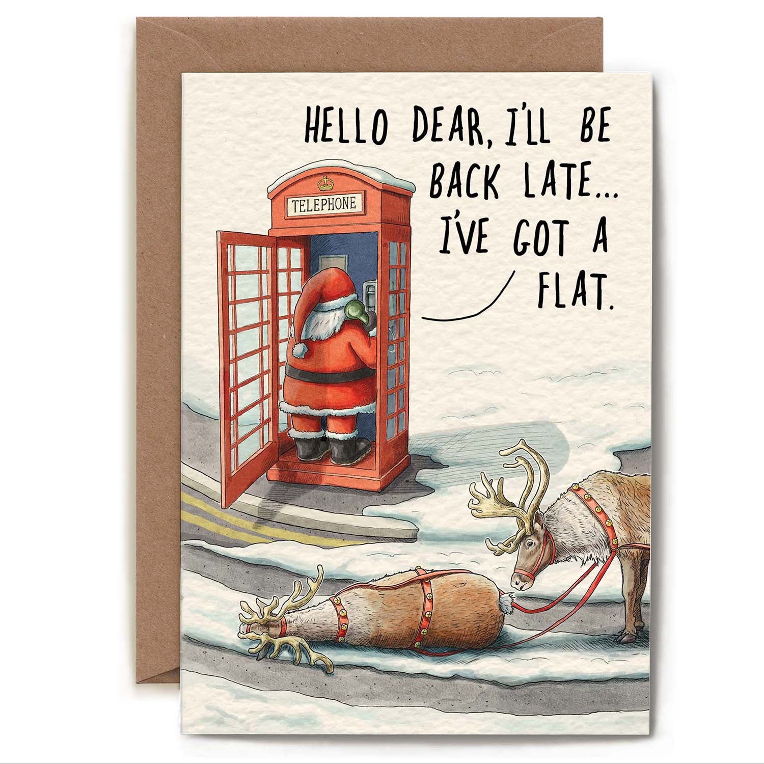 An illustration of Santa using a phone booth and the words "Hello dear, I&