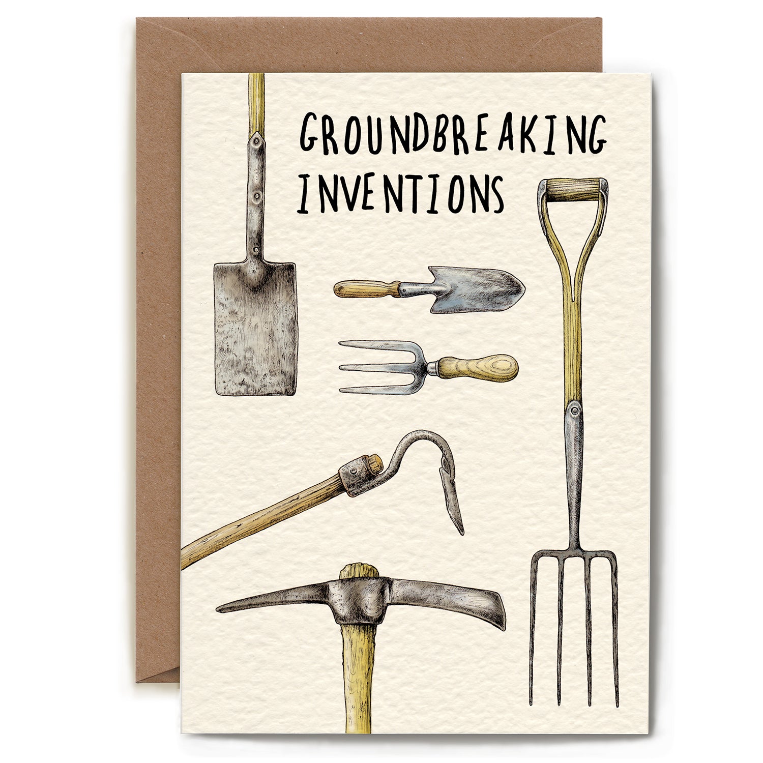 A cream greeting card captioned "Groundbreaking Inventions" featuring ink and watercolor illustrations of various digging tools such as a shovel, pickaxe, spade, and a hoe.