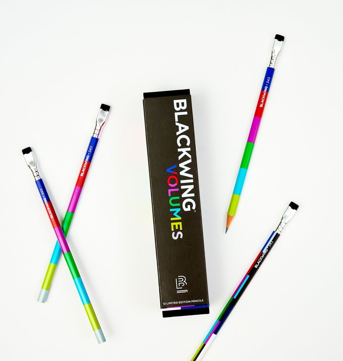 Colorful pencils with a Blackwing Volumes box on a white background.
