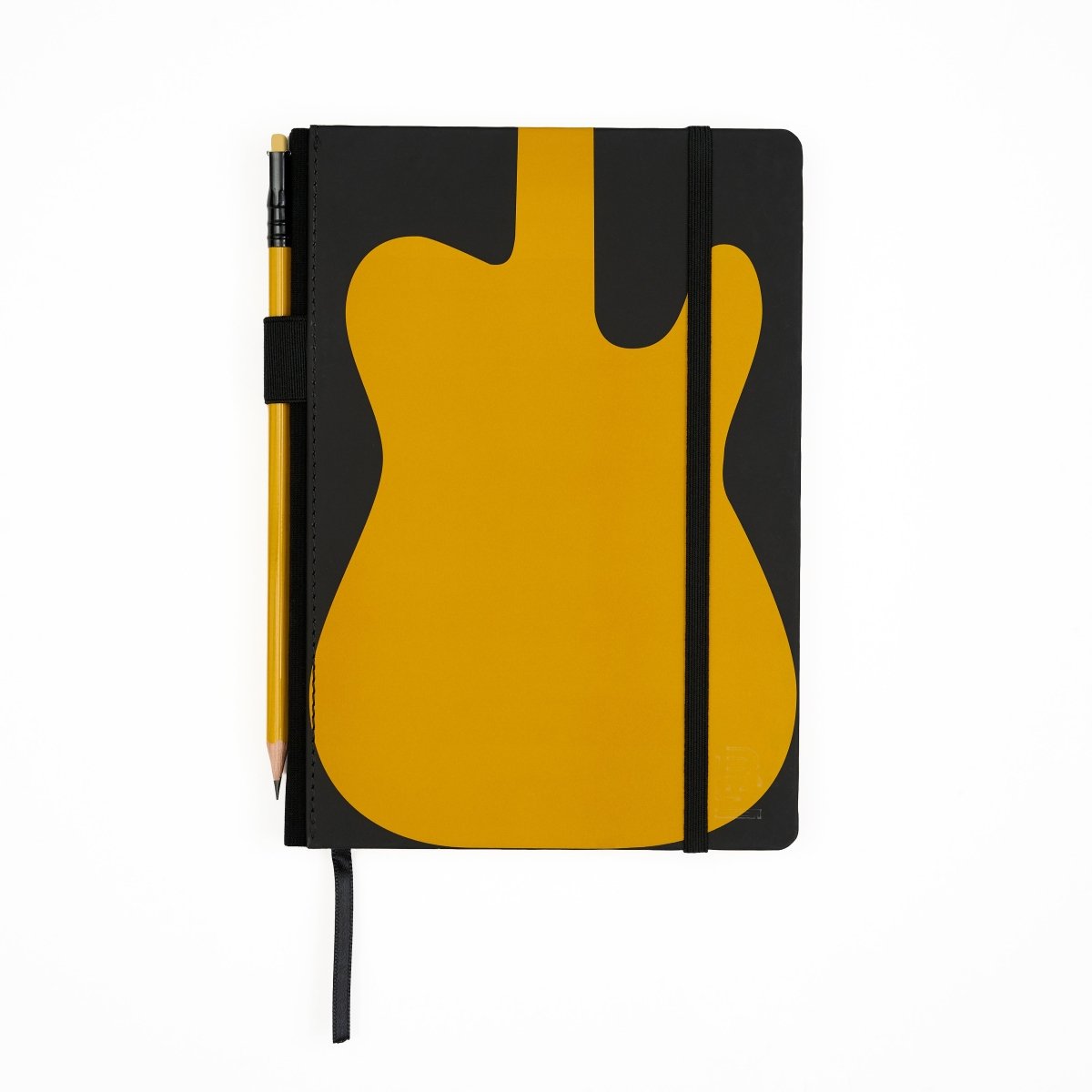 A black notebook with a large mustard yellow guitar-shaped graphic on the cover, shown closed with a black elastic closure. A yellow pencil is tucked into the side pocket, and a black ribbon bookmark hangs from the bottom.