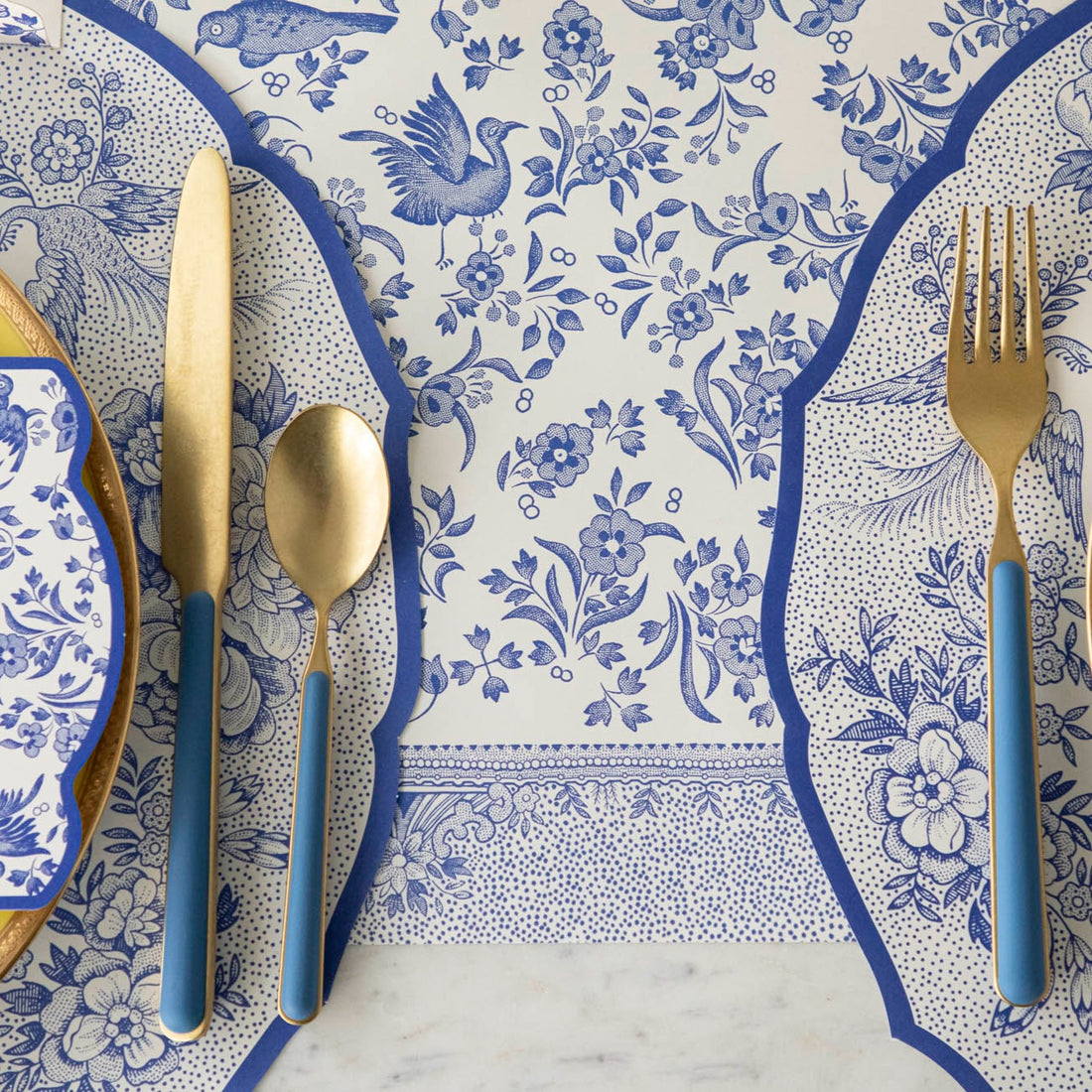 Close-up of the Blue Regal Peacock Runner under an elegant table setting.