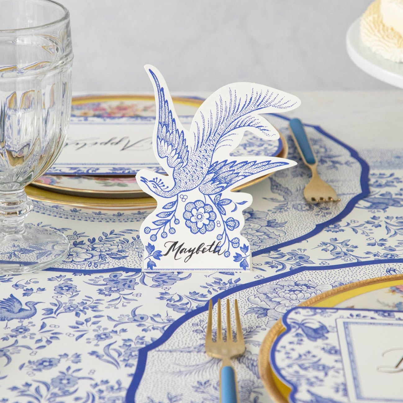 A Blue Asiatic Pheasants Place Card by Hester & Cook, perfect for buffet labels or as a place card at a Burleigh collaboration event.