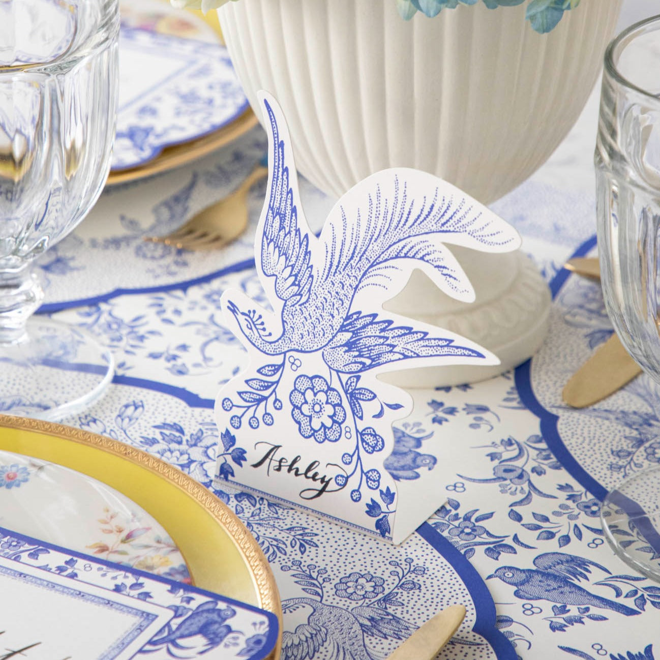 A Hester & Cook Blue Asiatic Pheasants Place Card collaboration table setting with place cards.