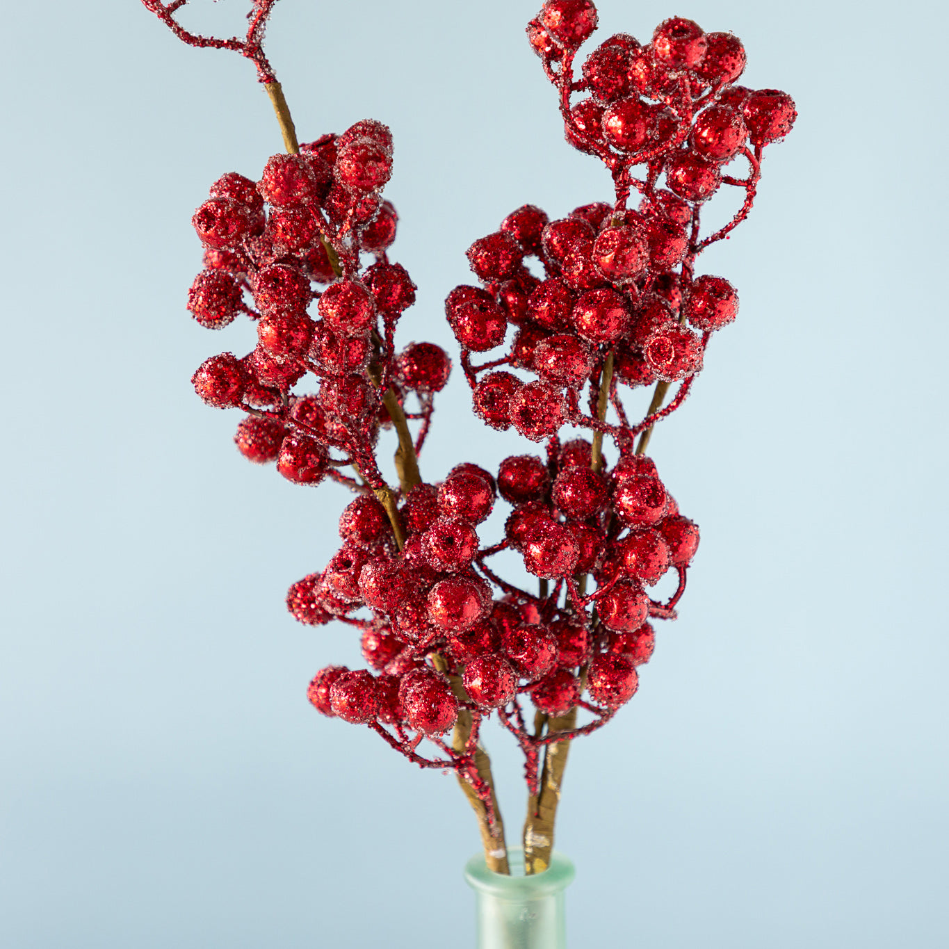 Cranberry Red Iced Picks in a green bottle, against a light blue background.