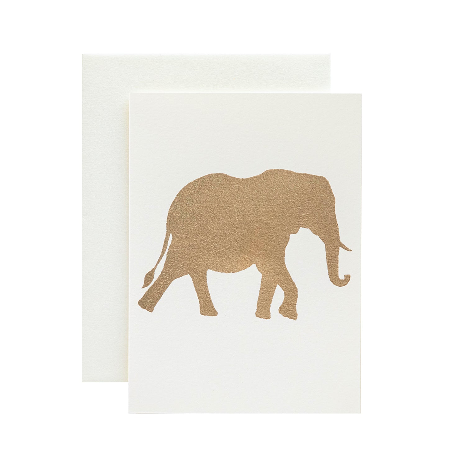 Ivory Elephant Card by Cathering Greenup featuring a silhouette of an elephant in gold leaf, on an ivory card with a matching envelope.