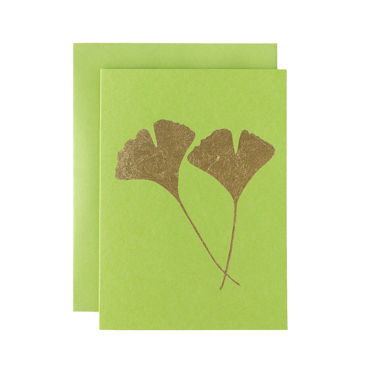 Gold leaf Gingko leaves on a lime green card with a matching envelope.
