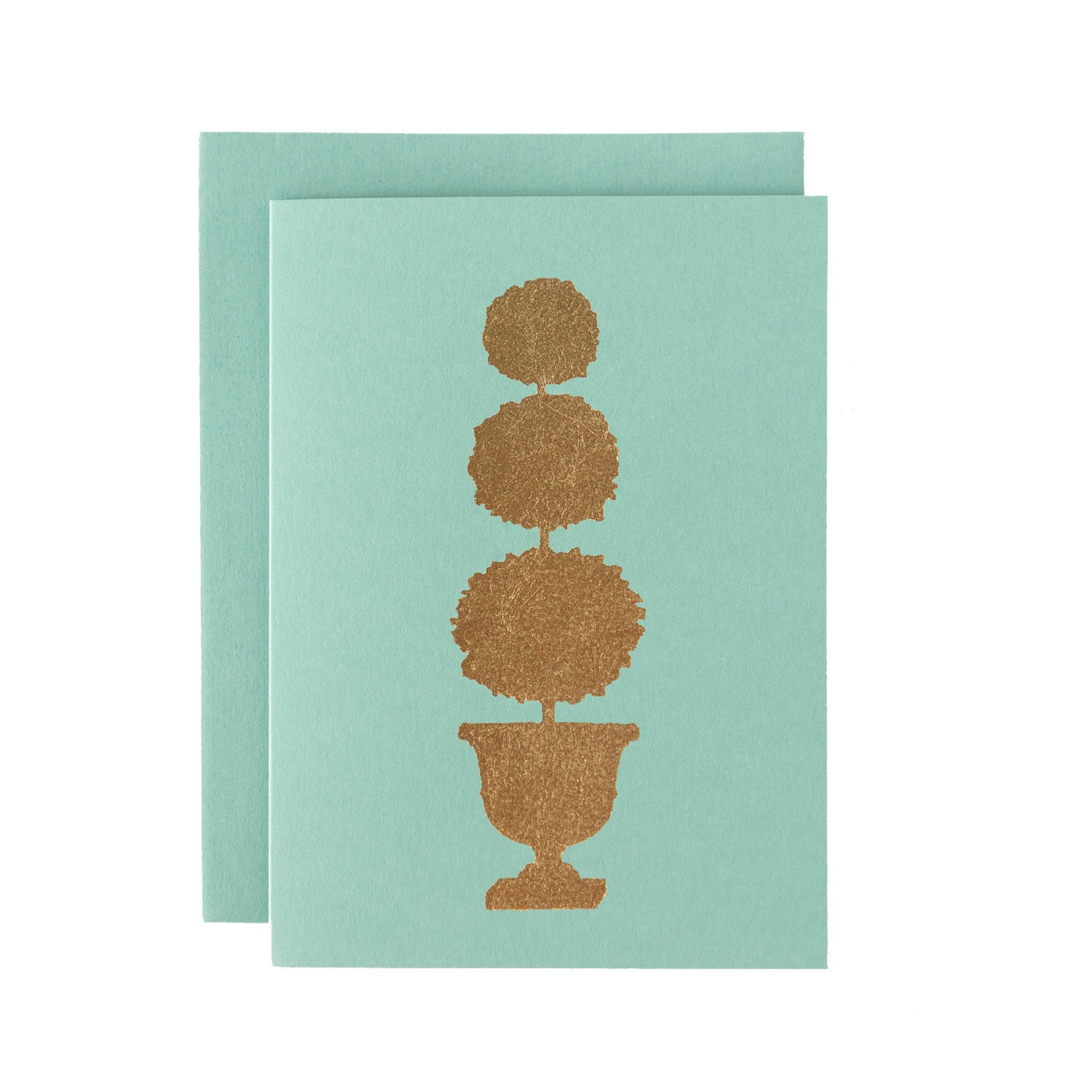 A gold leaf, three ball topiary plant in a pot, on a eucalyptus card with a matching envelope.