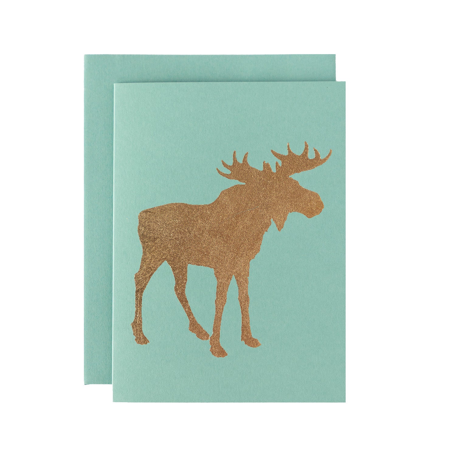 A gold foiled moose against a eucalyptus card with a matching envelope.