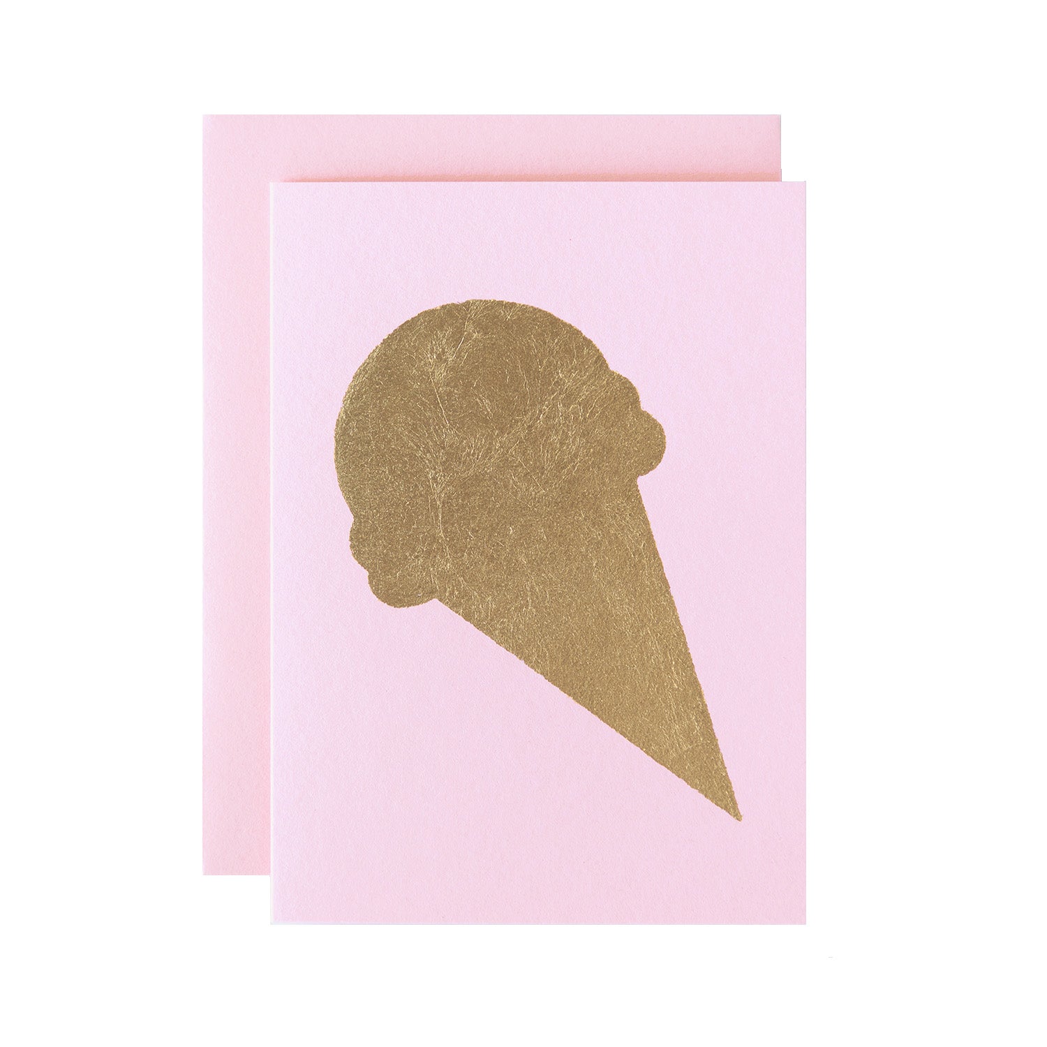 A gold foiled ice cream cone on a light pink card with a matching envelope.