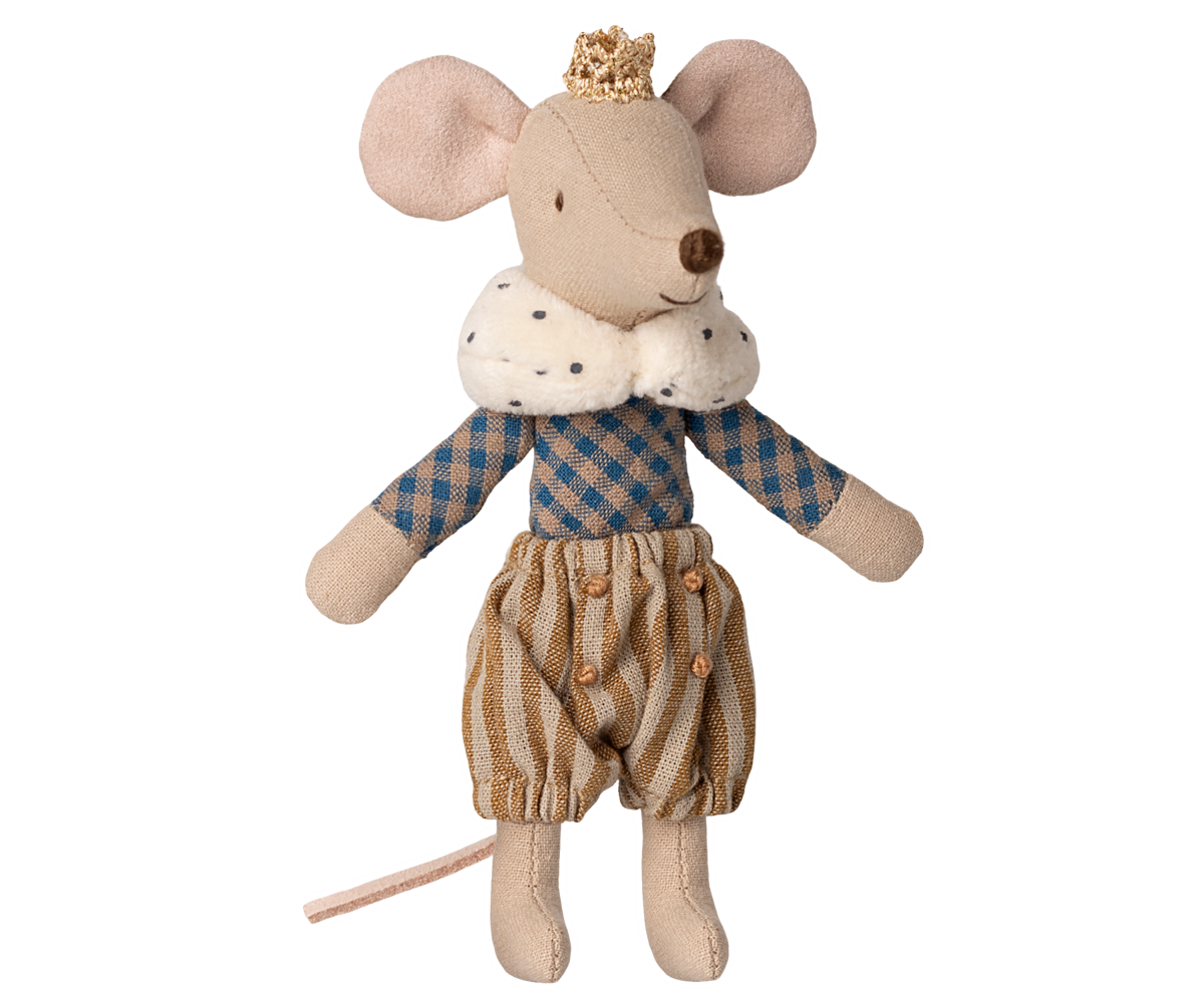 Stuffed toy mouse in a prince outfit with a crown on a white background.