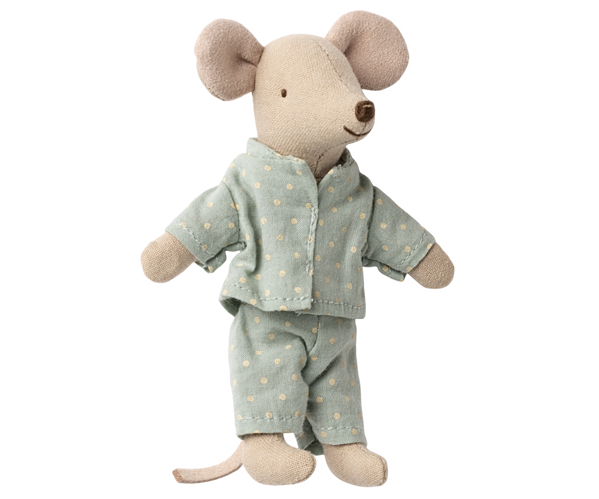 Stuffed mouse toy wearing a light blue outfit with small patterns on a white background.