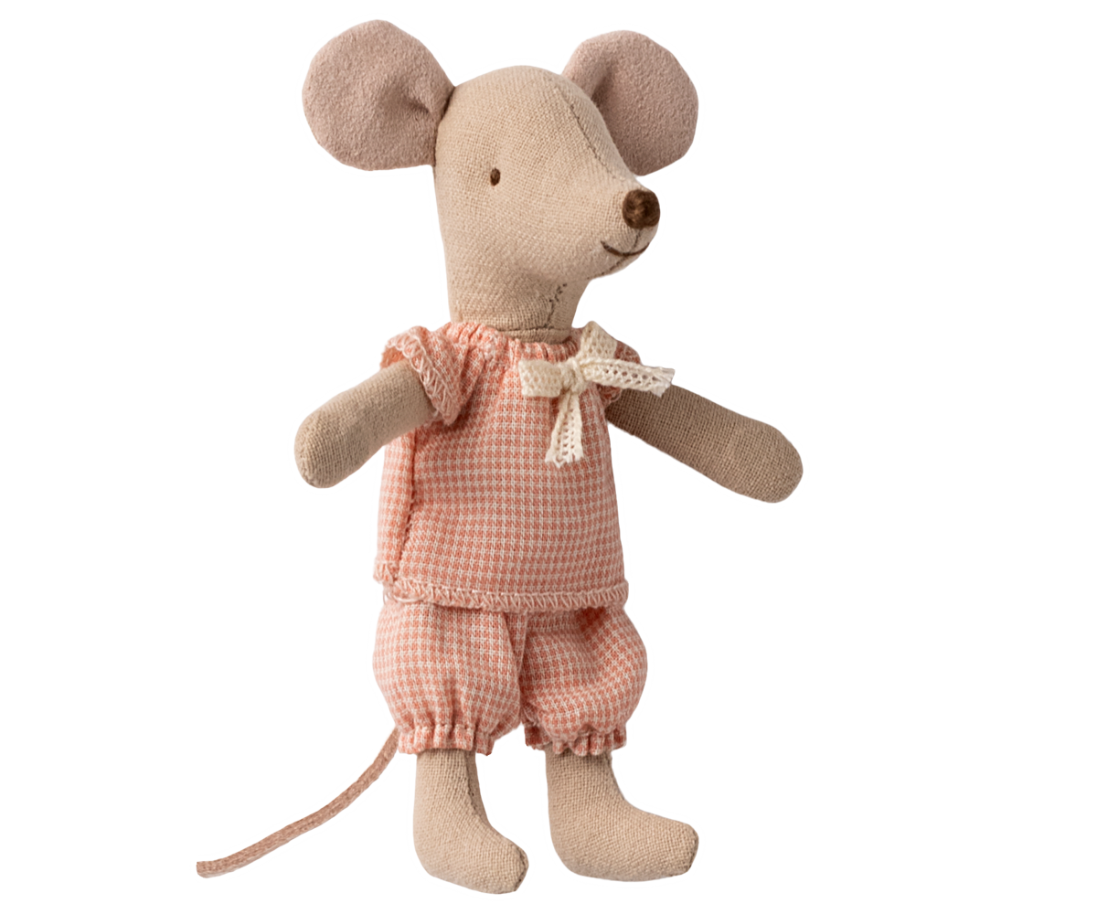 Stuffed mouse toy wearing a pink checkered outfit on a white background.