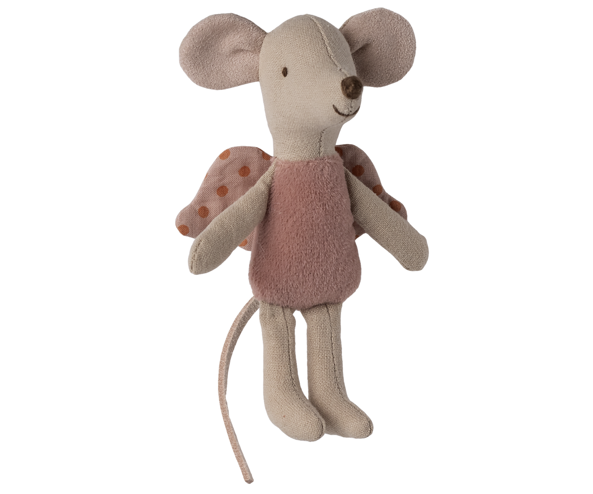 Stuffed toy mouse with a pink dress on a white background.