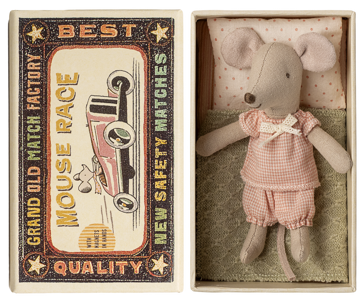Stuffed mouse toy in a matchbox with vintage-style packaging.