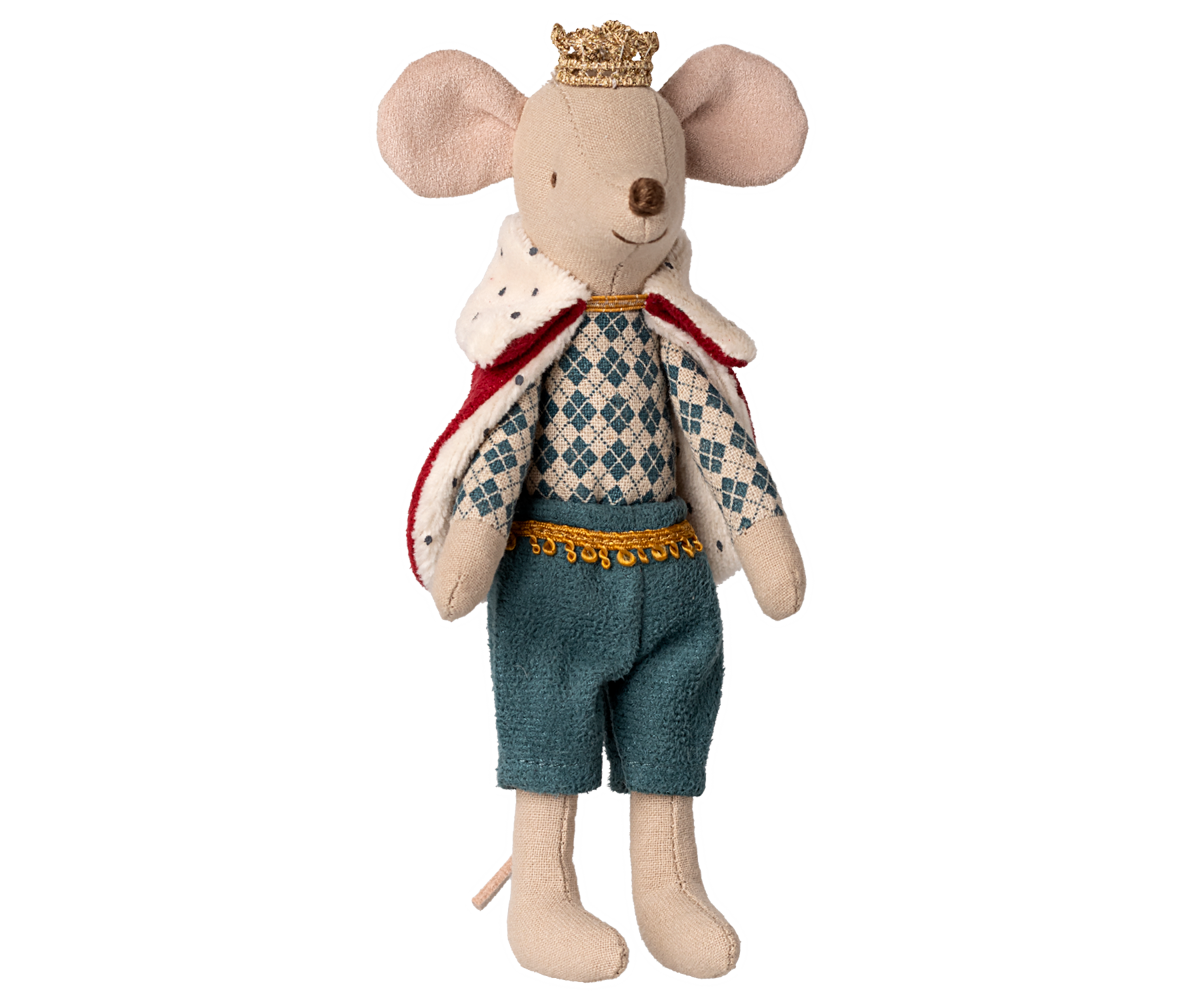 Stuffed toy mouse dressed as a King with a crown, coat, and pants on a white background.