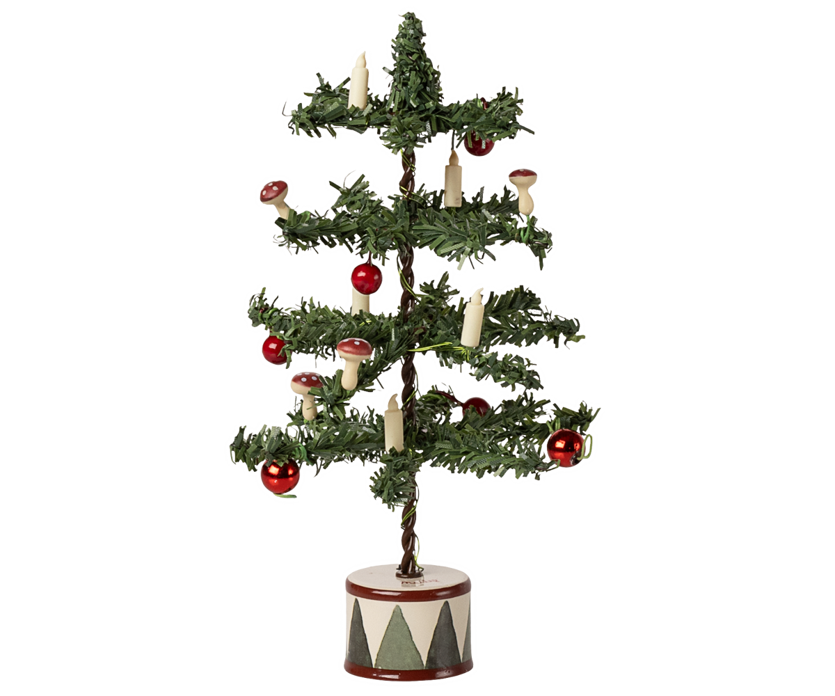 Decorative Christmas tree with red ornaments and candles on a white background