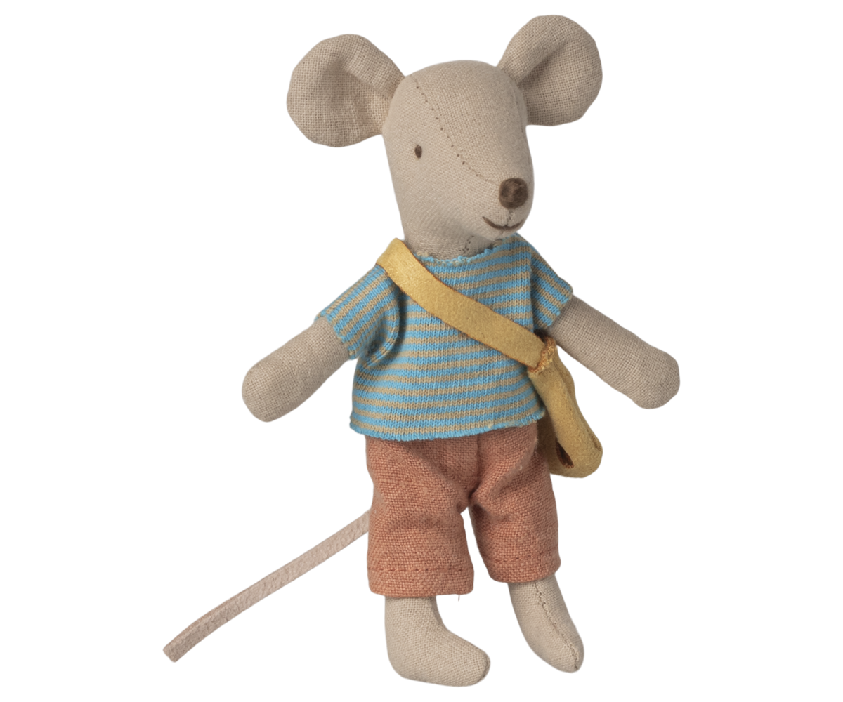 Stuffed toy mouse wearing a striped shirt and brown pants on a white background