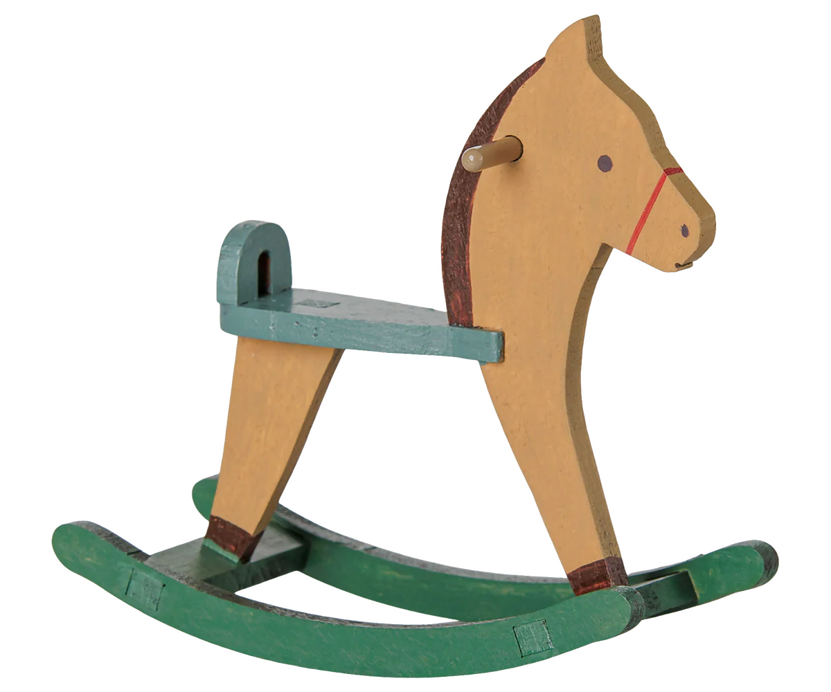A classic wooden rocking horse toy with a natural wood body, painted green rocking base, and a teal seat and backrest.