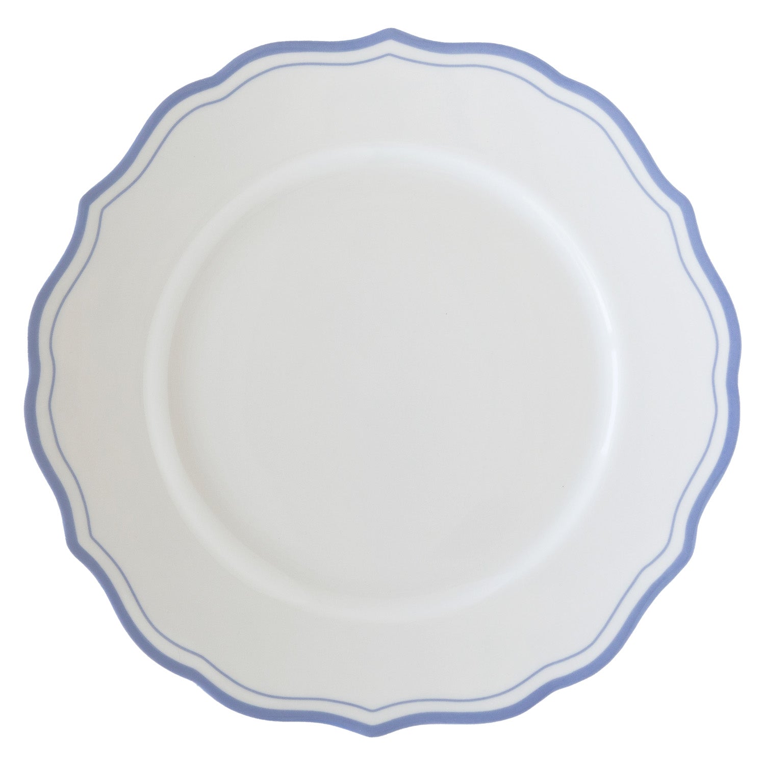 White plate with a blue rim on a white background.