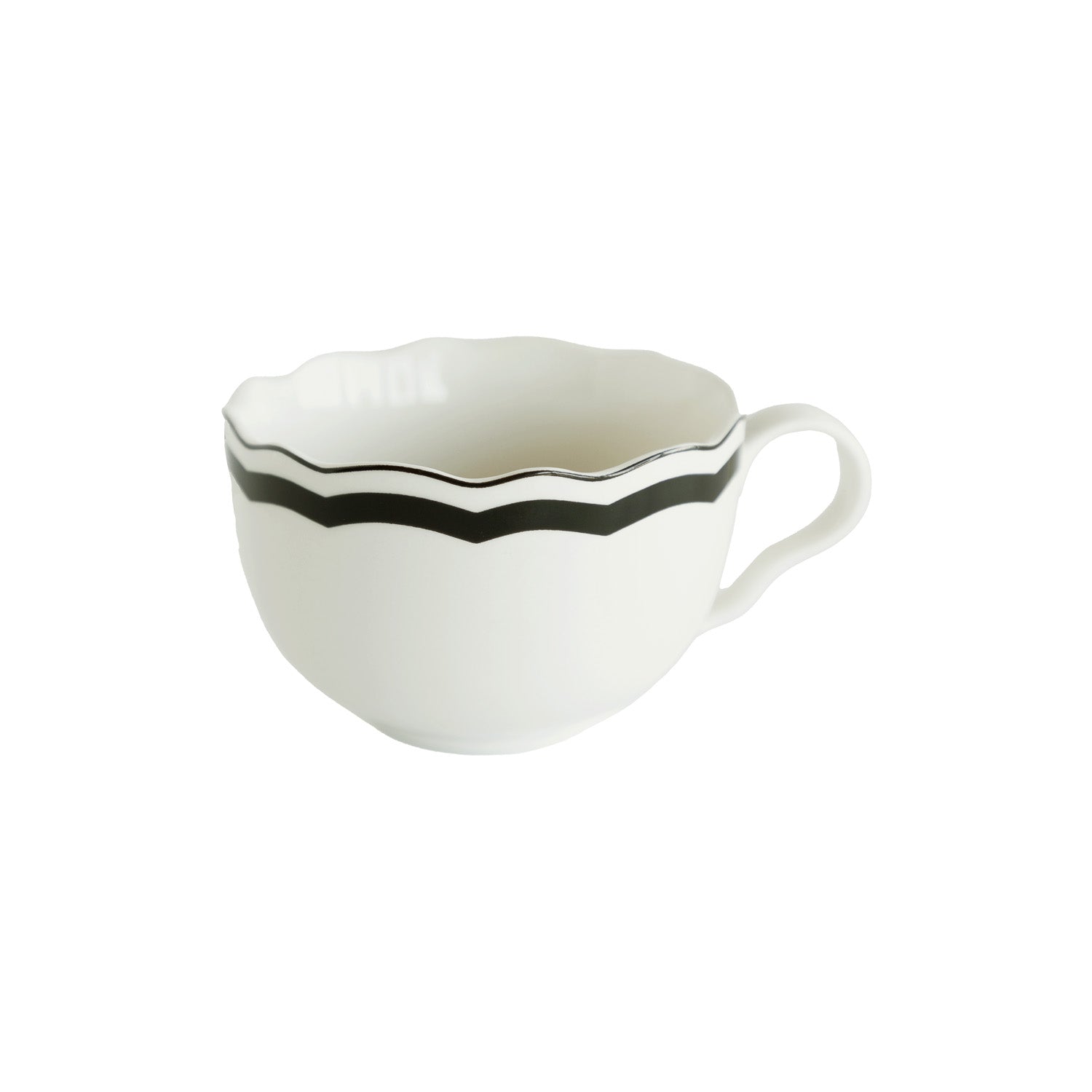 White mug with a black rim and scalloped edge on a white background.