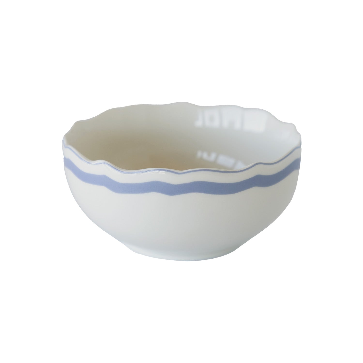 White ceramic bowl with blue rim on a white background.