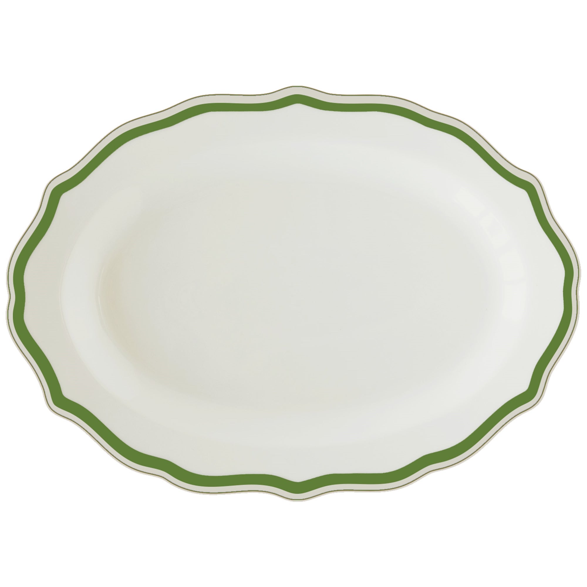 An oval white serving platter with a scalloped edge and a green border, shown against a plain white background.