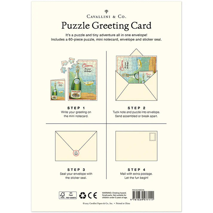 Cavallini & Co. Puzzle Greeting Card packaging with step-by-step instructions on a white background