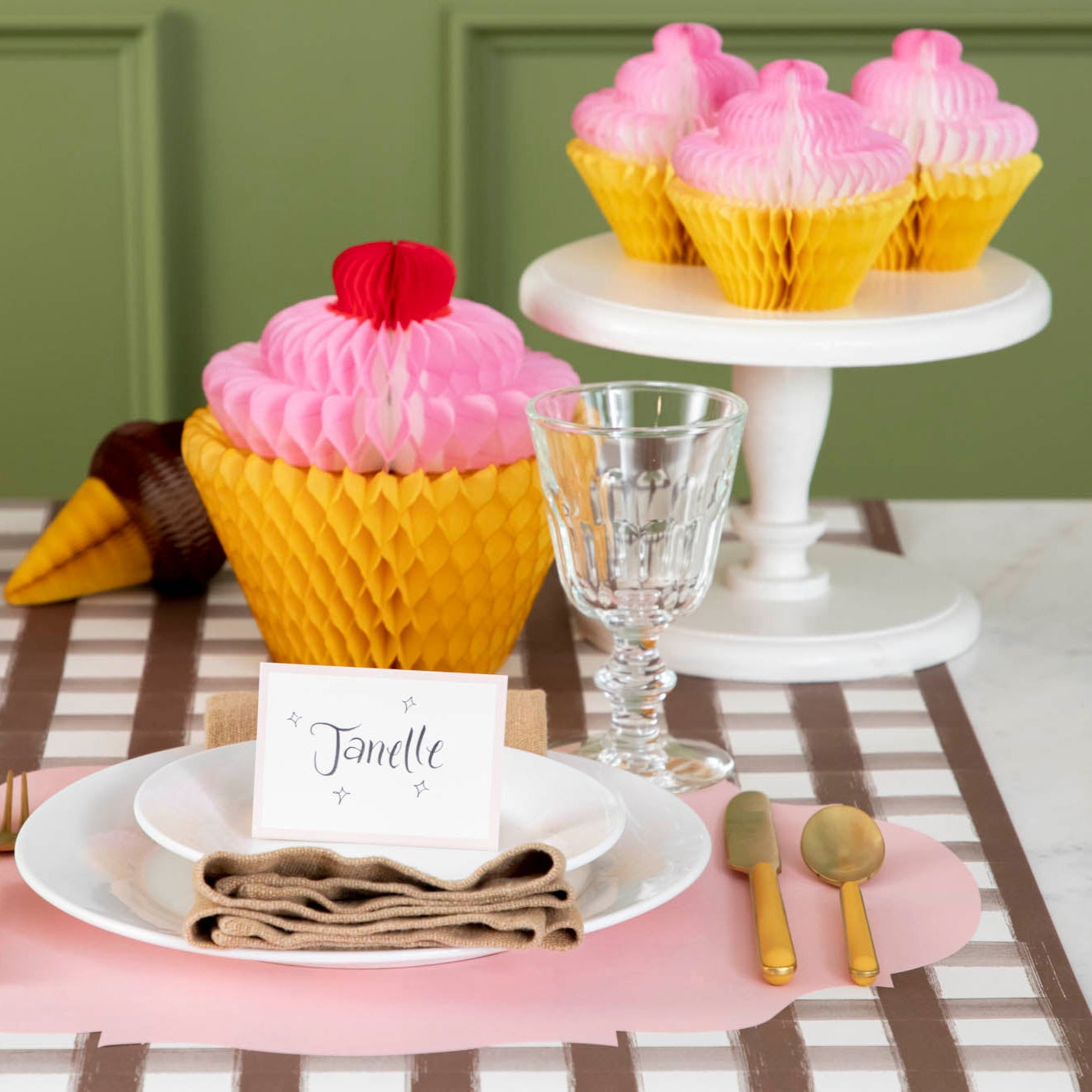 Honeycomb Small Cupcake Set of 3 on a cake pedestal, styled on a bright table setting for one.