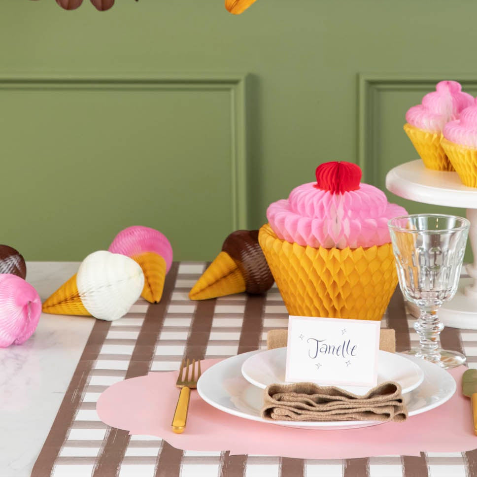 Honeycomb Small Ice Cream Cones Set of 3, styled on a birthday themed table setting for one.