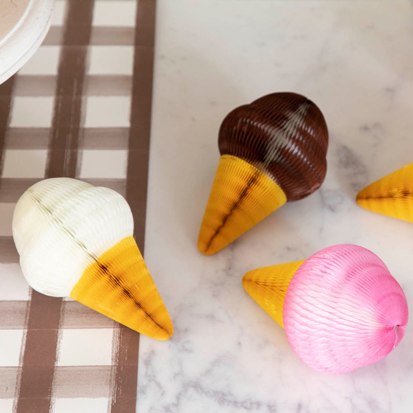 Honeycomb Small Ice Cream Cone Set of 3 on a marble table.