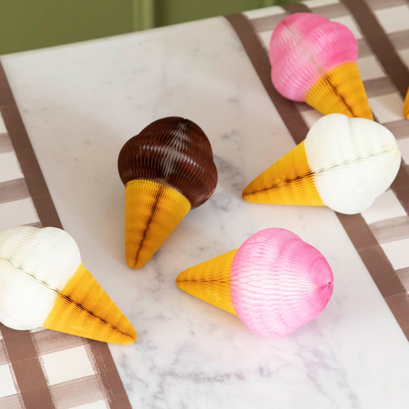 Honeycomb Small Ice Cream Cone Set of 3 on a marble table.