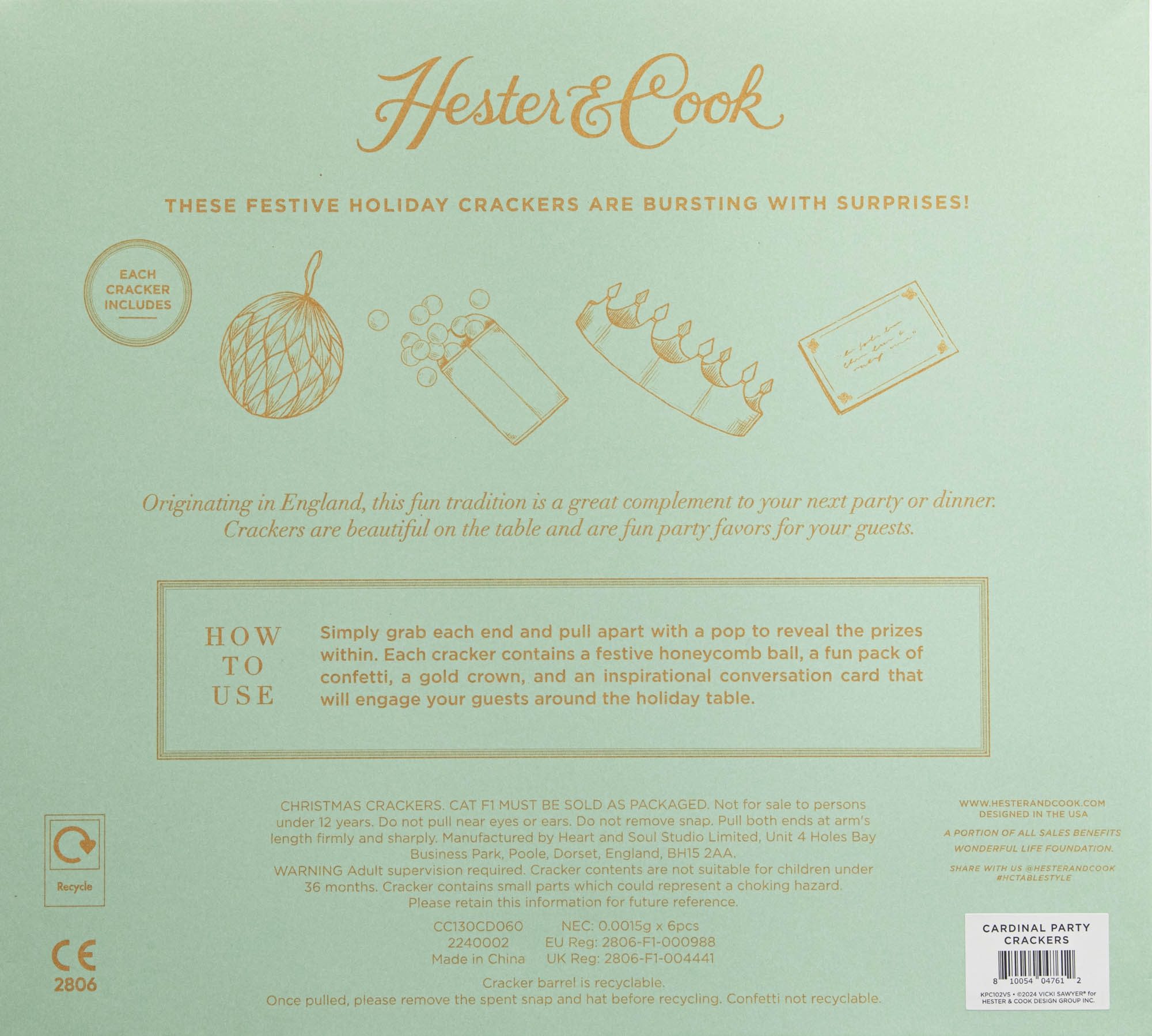 The back of the Poinsettia Crackers package showing the contents of the crackers, warning information and how to use them.