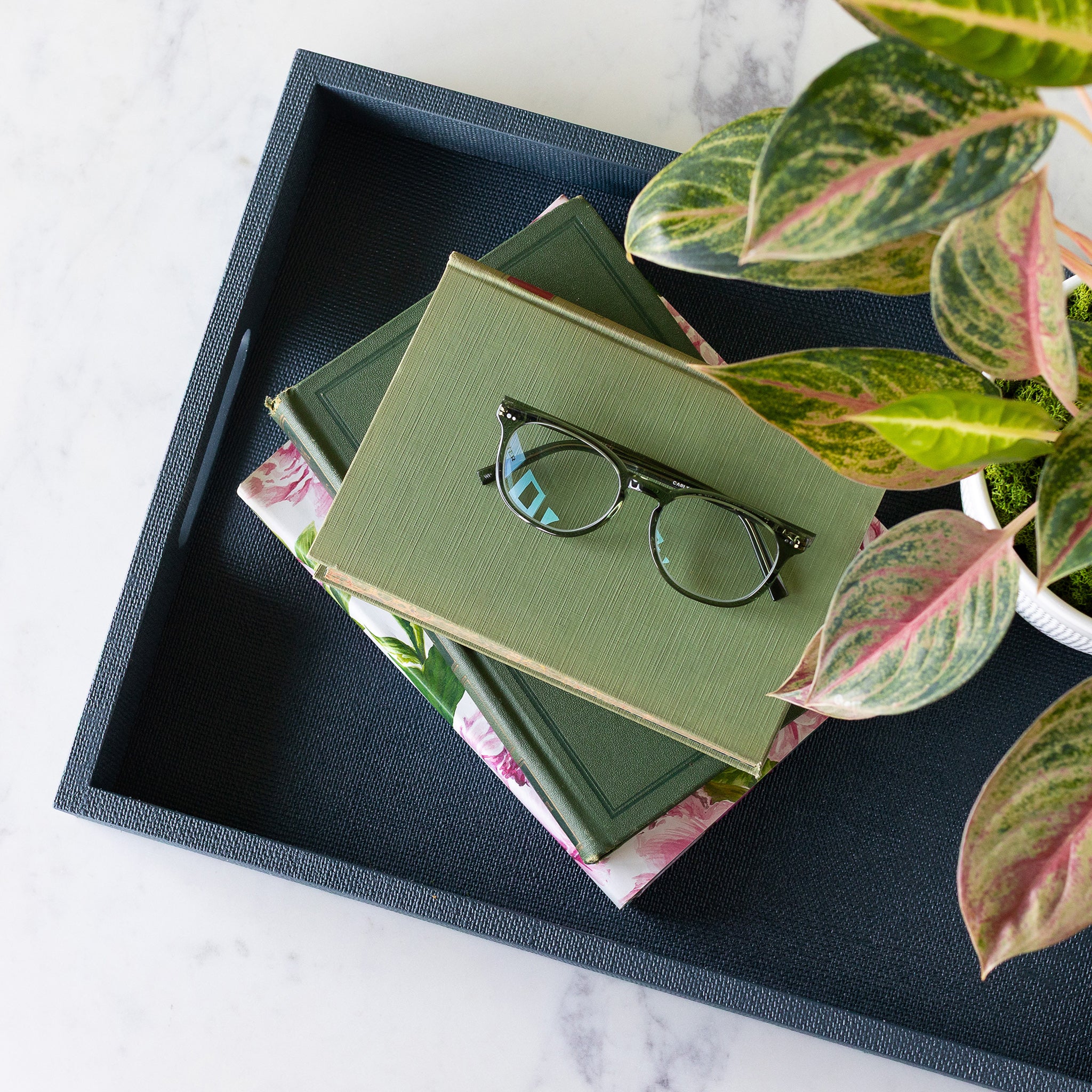Stack of green books with a pair of glasses on top, placed on the Indigo St. Tropez Decorative Tray.