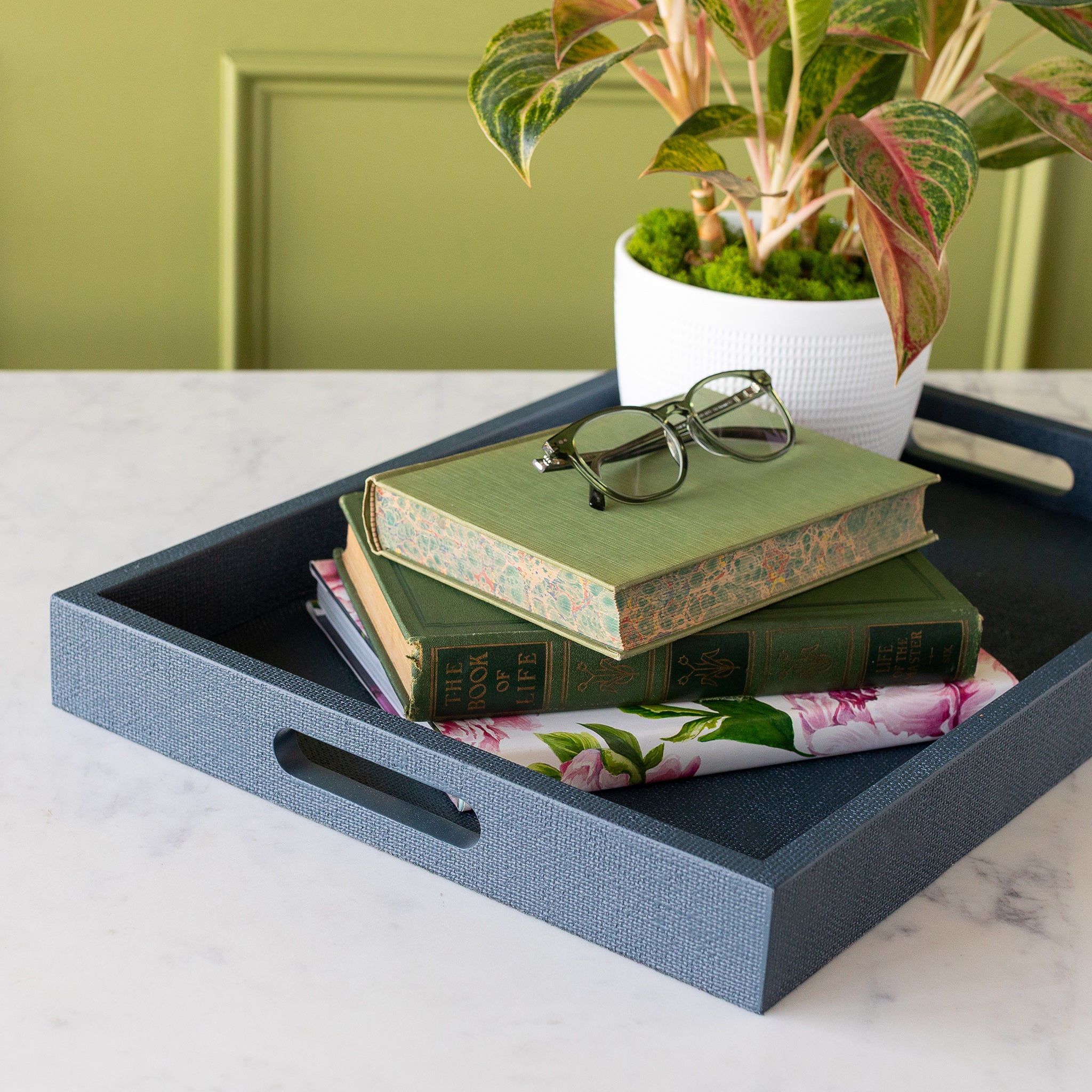 Indigo St. Tropez Decorative Tray with books and a plant on a marble surface against a green wall.