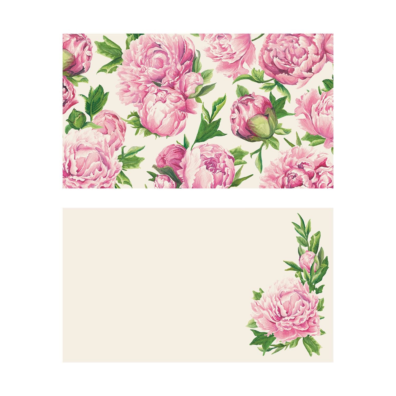 Two illustrated note card designs on a cream background. The top card features a dense, all-over pattern of blooming pink peonies, tight flower buds, and green leaves covering the entire surface. The bottom card has a clean layout with a single pink peony and green leaves tucked beautifully into the bottom right corner, leaving the rest of the space blank.
