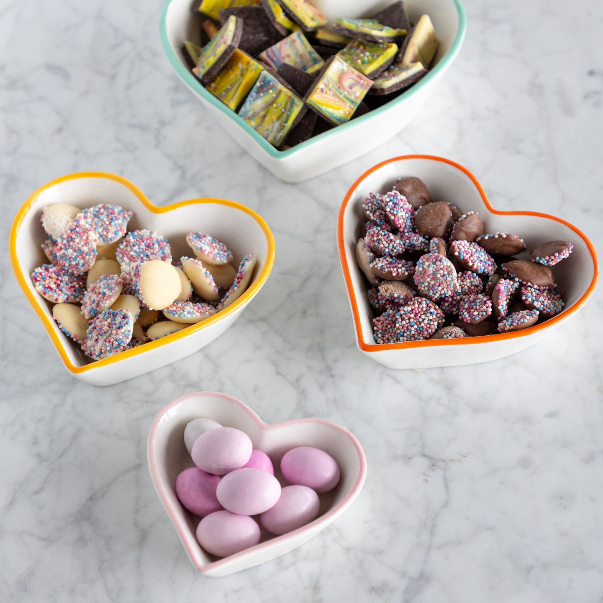 Stoneware Heart Shaped Bowls with Colored Rims