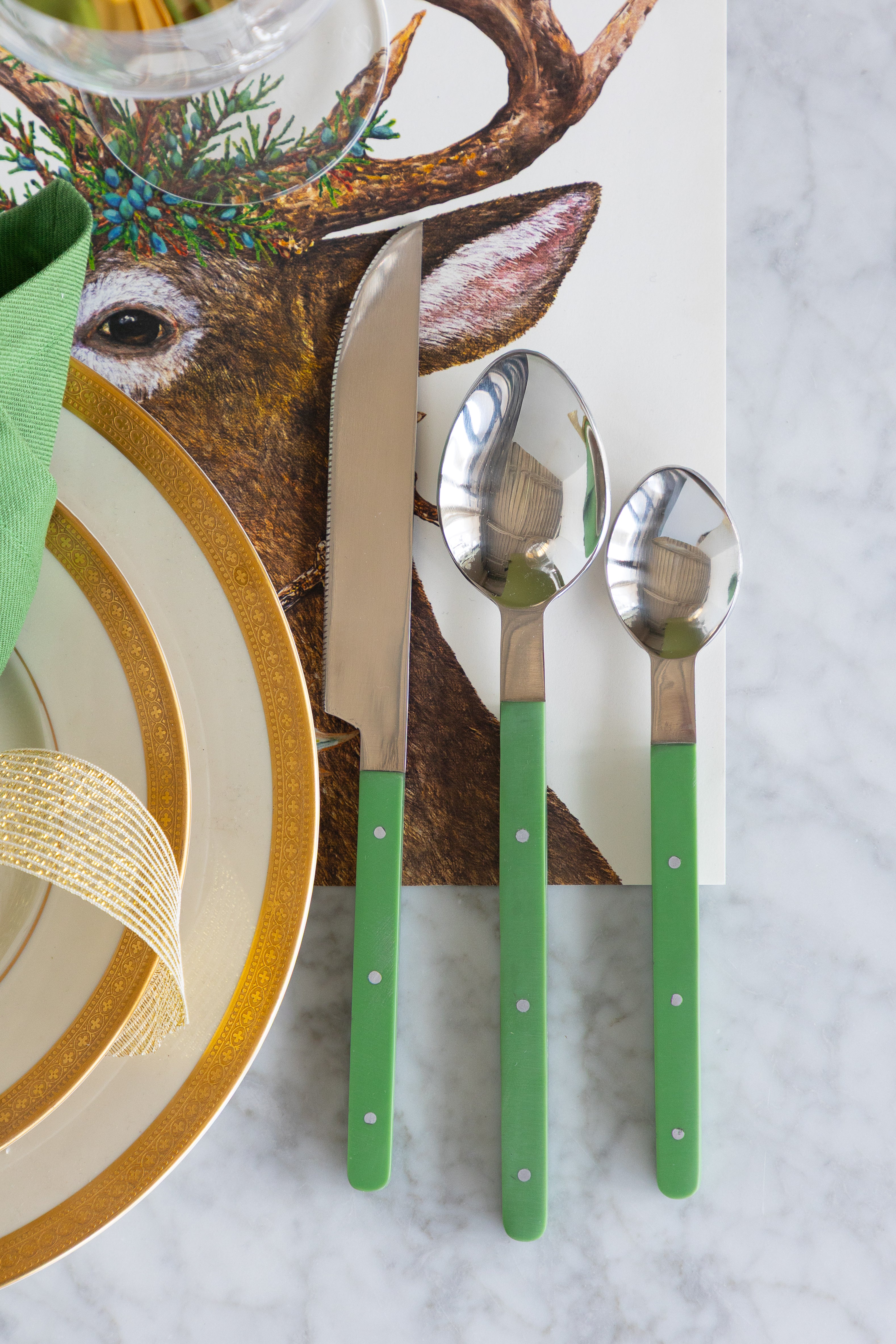 Stainless Steel Flatware Set with Green Handles
