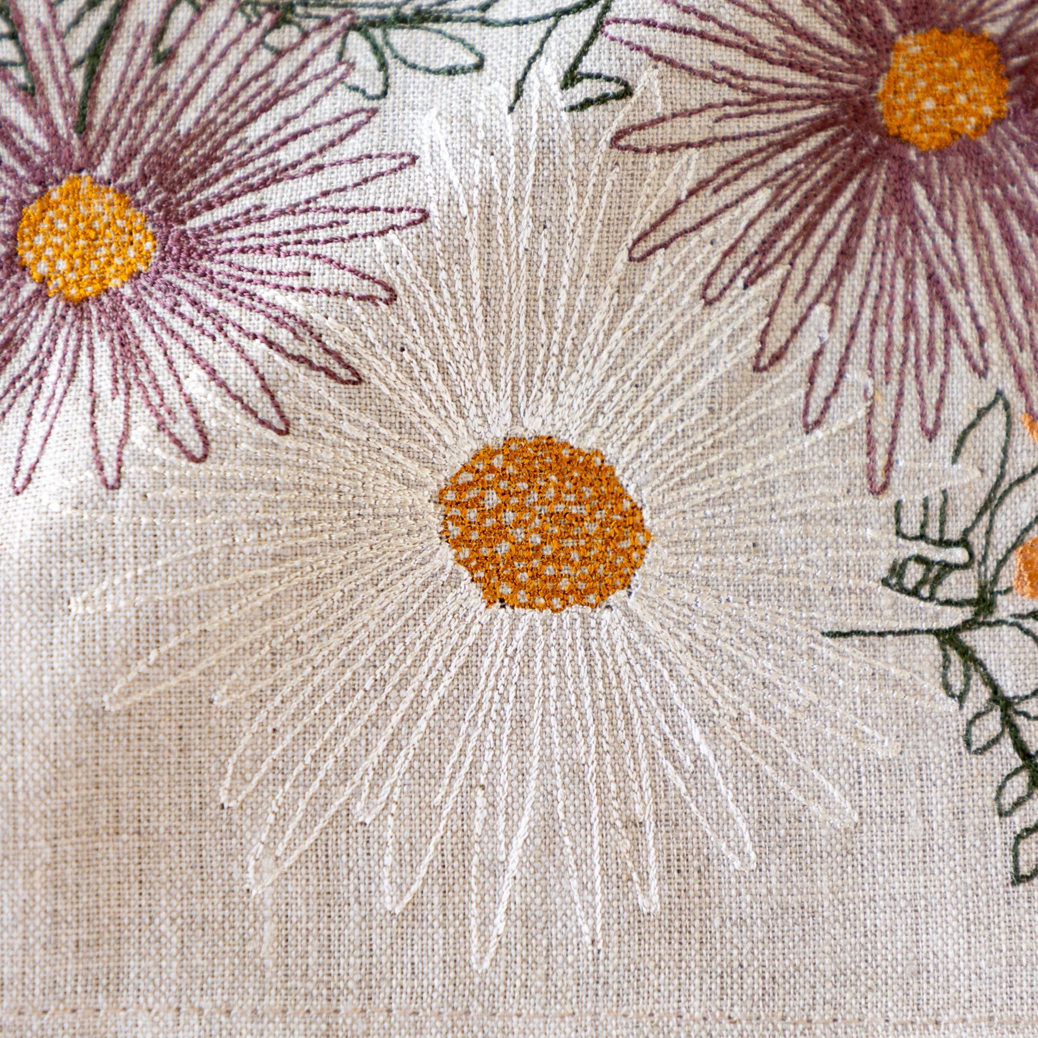Close-up of embroidered flowers on fabric with a beige background.