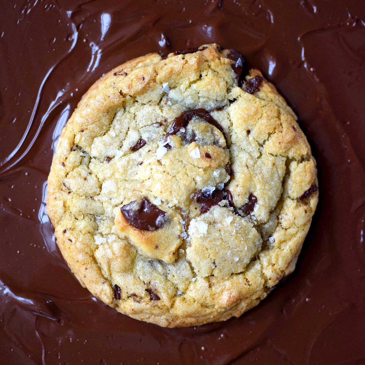 Close up of a chocolate chip cookie sitting on chocolate.