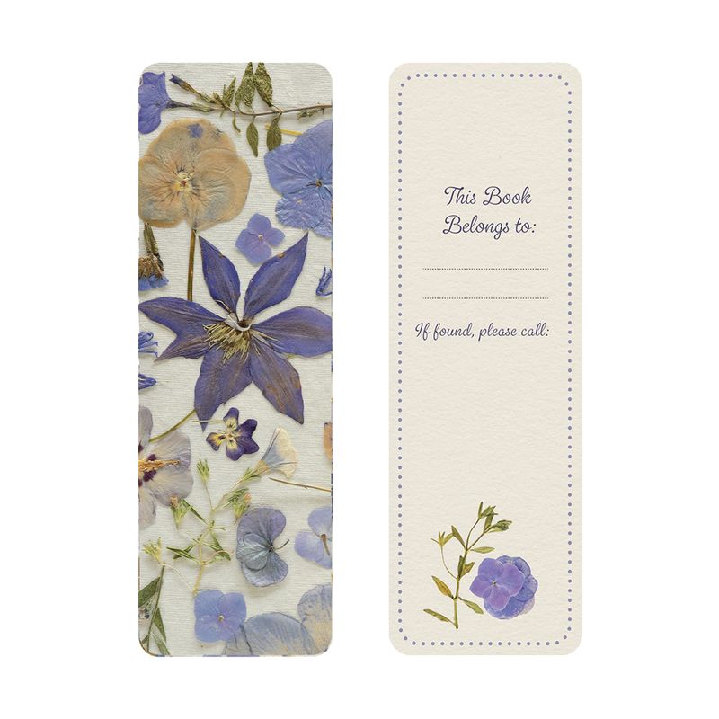 Floral bookmark with pressed flower design on one side and a place for personalization on the other on a white background